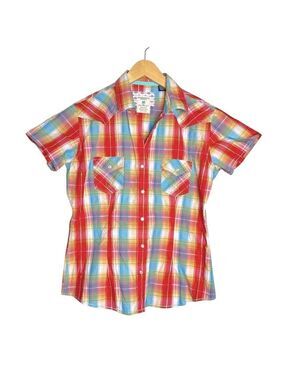 Panhandle Slim Short Sleeve Plaid Multi Colour Pearl Snap Button Western Shirt-M